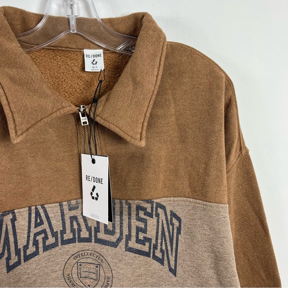 Re/Done Marden University 80s Upcycled Oversized Half Zip Sweatshirt Caramel NWT - Picture 2 of 7